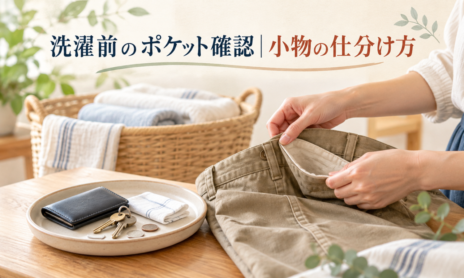 洗濯前にズボンのポケットを確かめ、小物を衣類から分けて置く記事タイトル画像。
