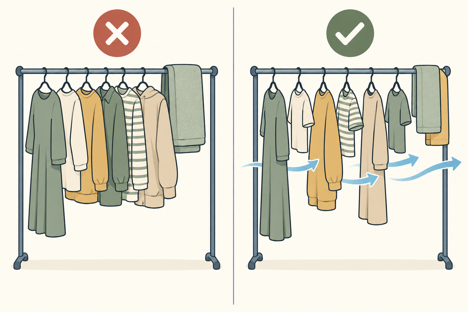 衣類が詰まった干し方と、服の間に風の通り道をつくった干し方を並べた比較図