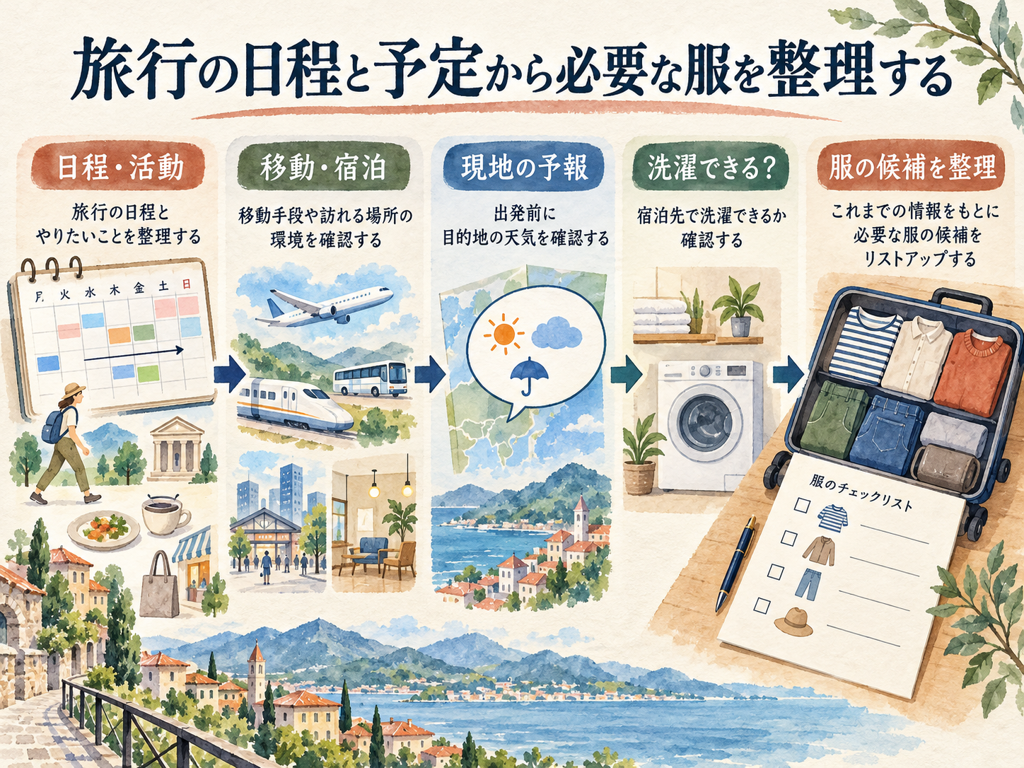 旅行日程・活動・移動や宿泊・現地予報・宿泊先の洗濯可否を確認して服の候補を整理する流れ。