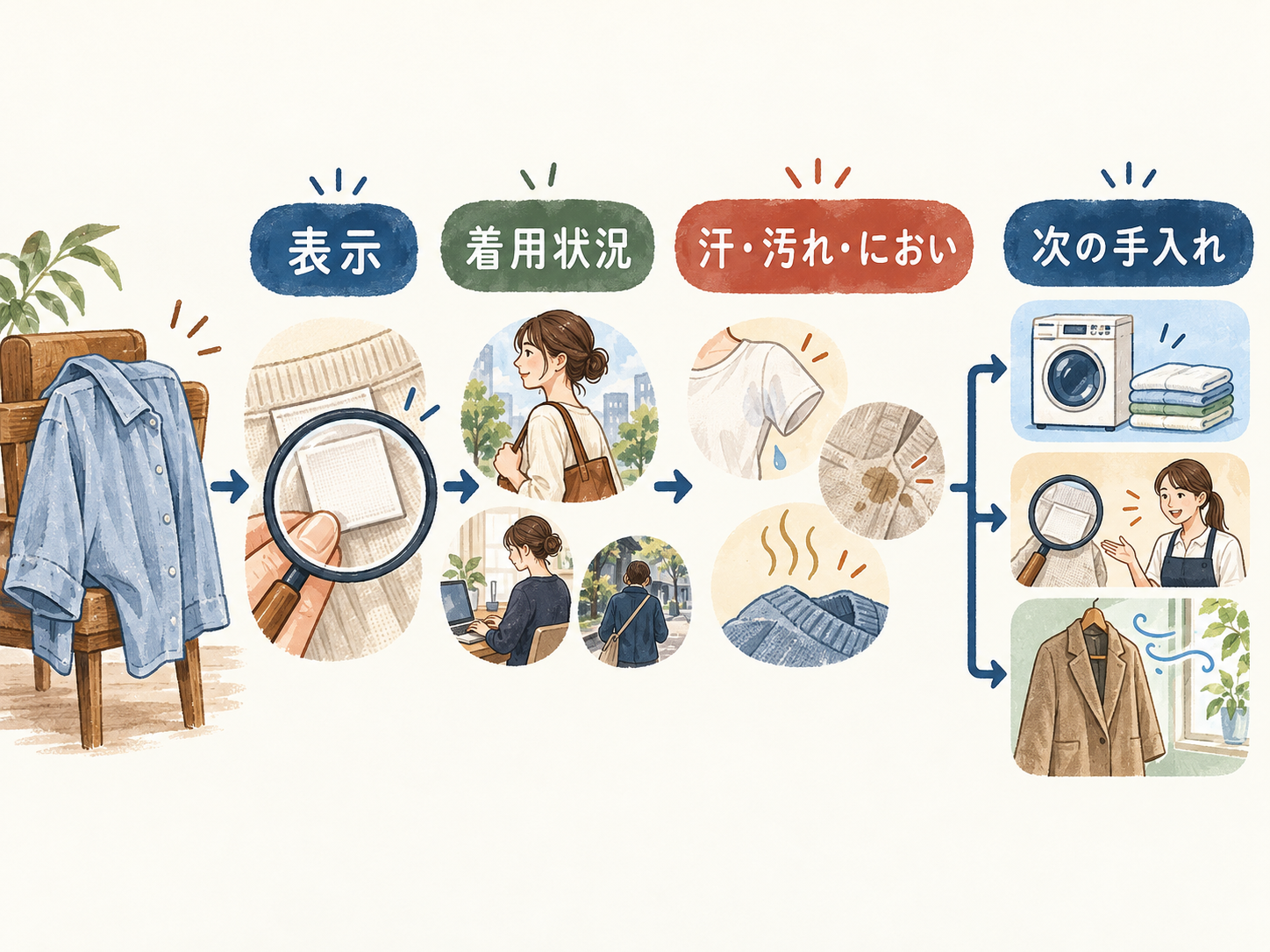 衣類表示、着用状況、汗・汚れ・においを順に見て次の手入れを選ぶフロー。
