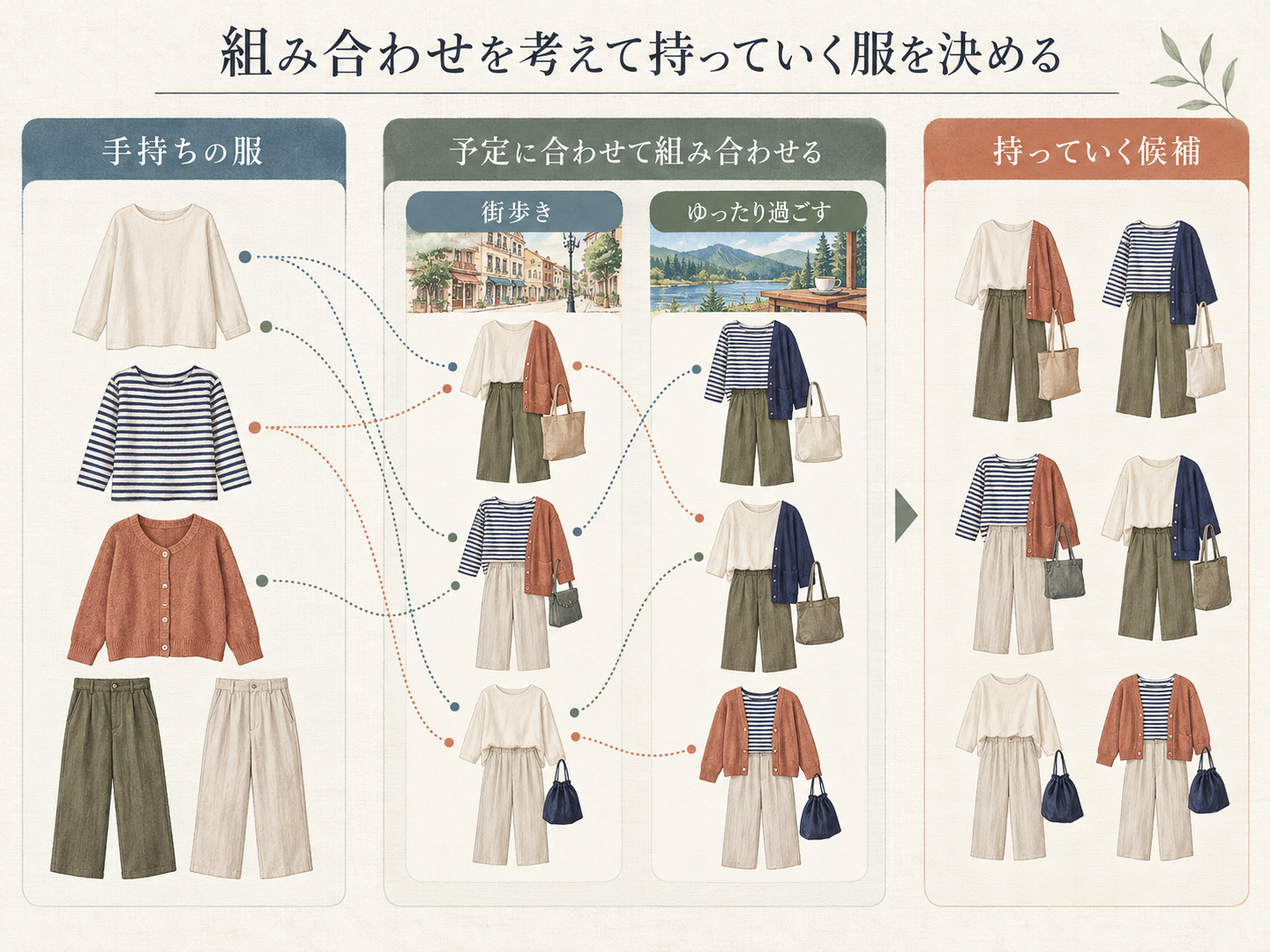 手持ちの服を旅行予定に合わせて組み合わせ、持っていく候補を選ぶ表。