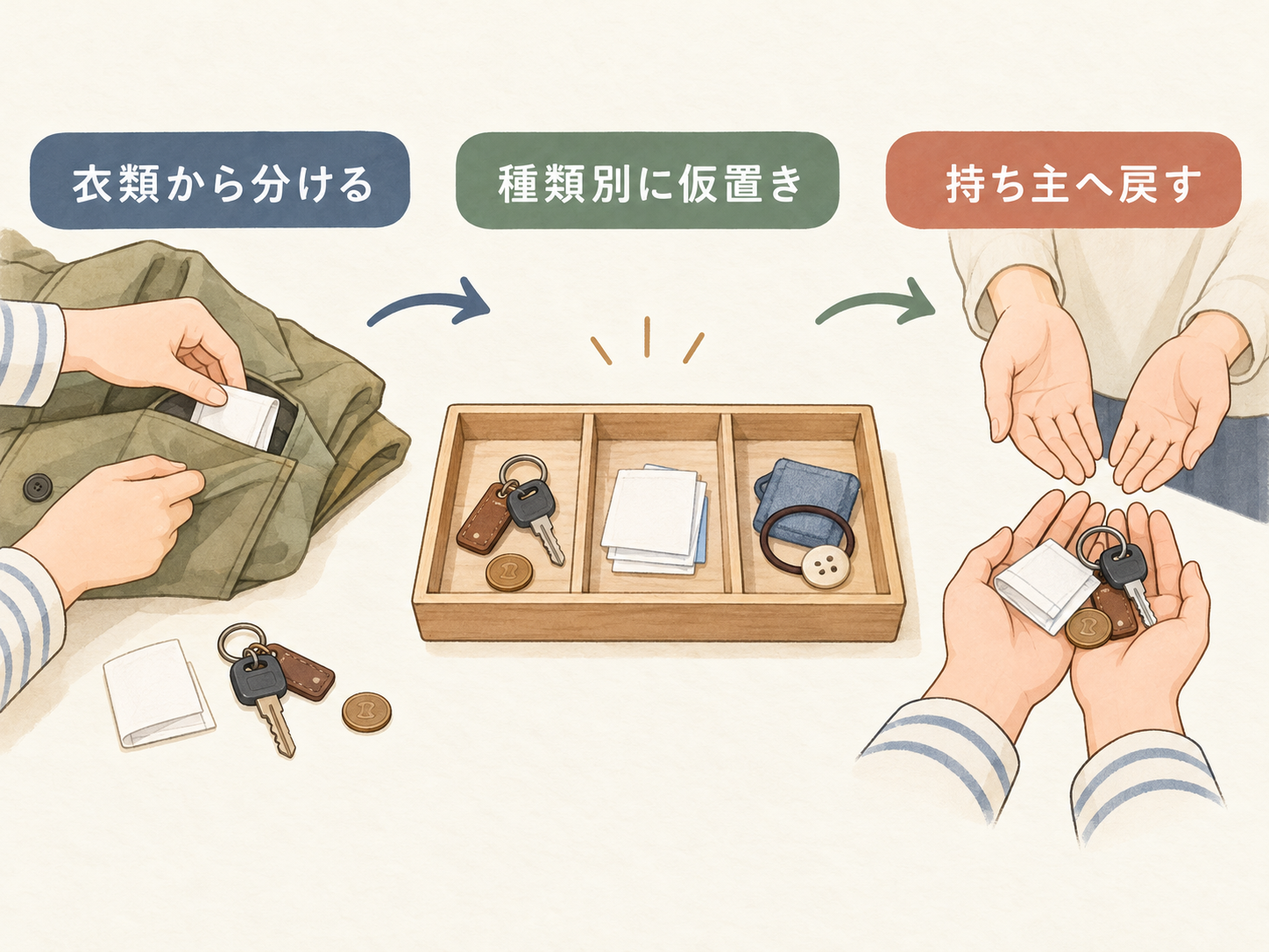 衣類から取り出した物を種類別に仮置きし、持ち主へ戻す流れ。