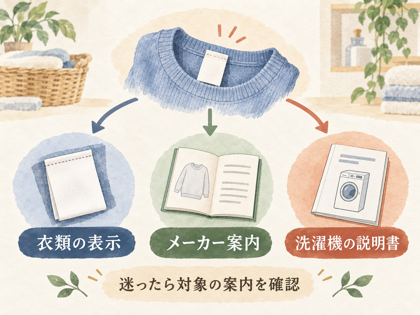 衣類の表示を起点に、衣類メーカーの案内または洗濯機の説明書を参照する情報源マップ。