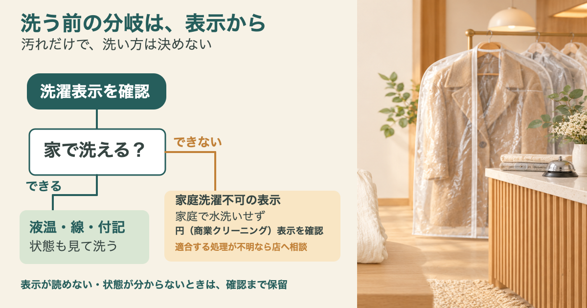 洗濯表示を確認し、家庭で洗える場合は液温や線などを確かめて洗い、家庭洗濯不可の場合は水洗いせず、商業クリーニング表示を確認して適合する処理が分からなければ店へ相談する判断図。