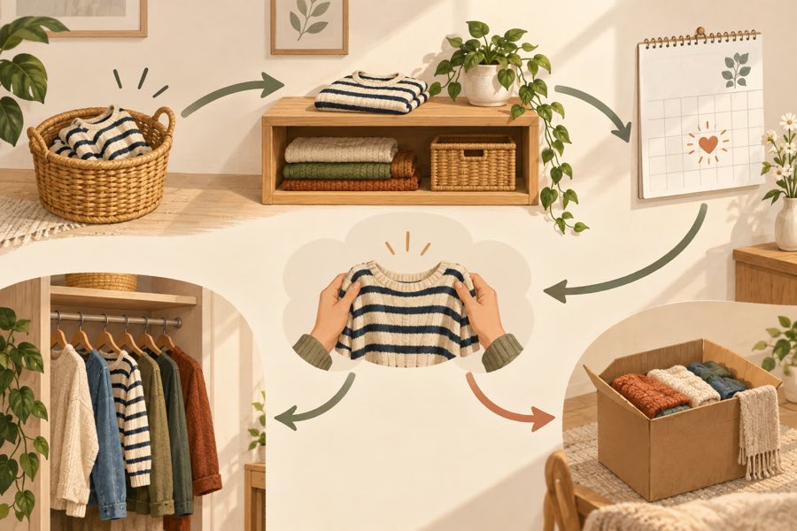 洗濯後に服を戻す、保留服を見直す、季節の節目に収納を点検する日常の循環。