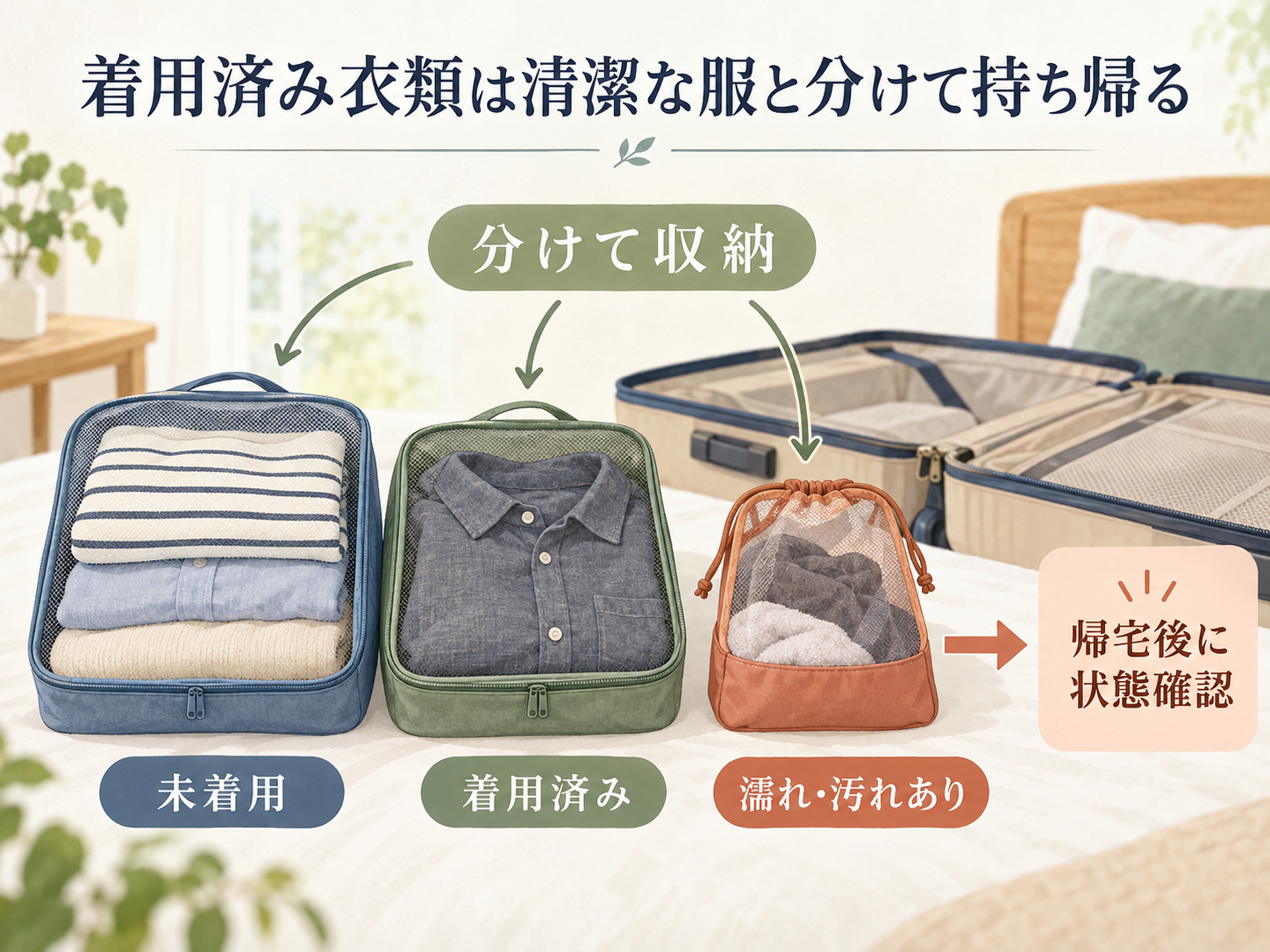 未着用・着用済み・濡れや汚れがある服を分け、帰宅後に状態を確認する仕分け図。