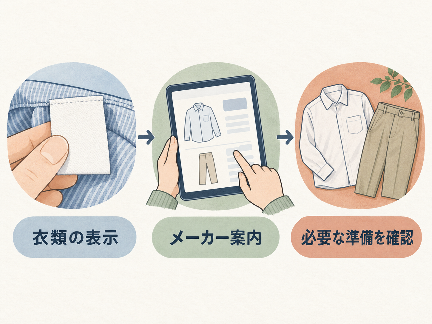 衣類の表示、メーカー案内、必要な準備を順に確認する流れ。