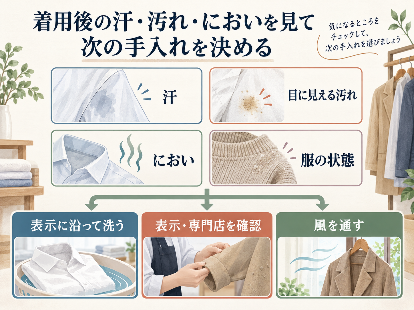 汗・目に見える汚れ・におい・服の状態を確認し、表示に沿った洗濯、表示や専門店への確認、風を通す選択肢へ進む図。