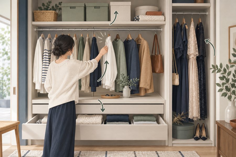 よく着る服を取り出しやすい位置へ置き、季節外の服を上段や別区画へ移すクローゼット配置。
