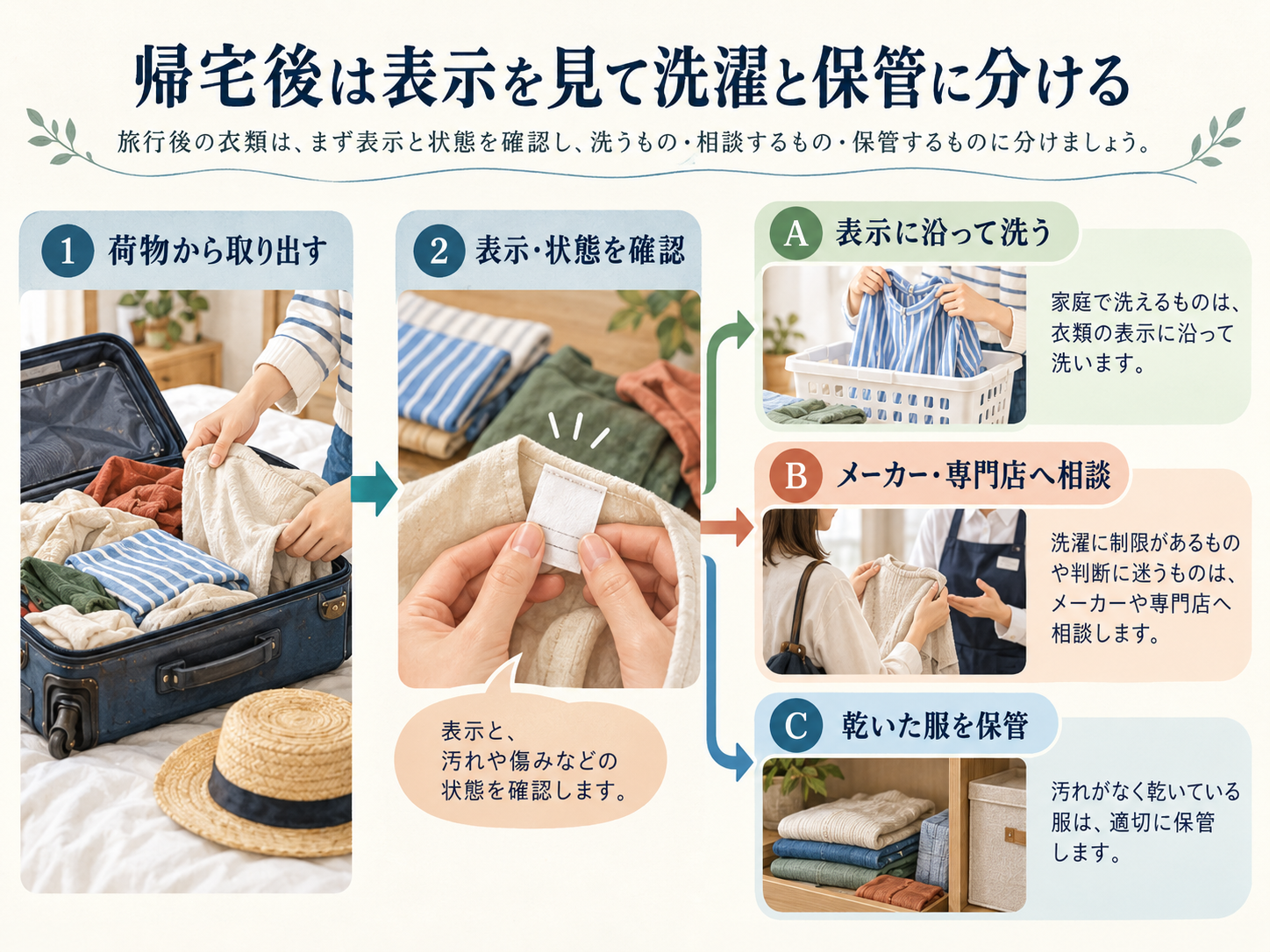 旅行後の服を取り出し、表示と状態を確認して、洗濯・メーカーや専門店への相談・保管へ分ける流れ。