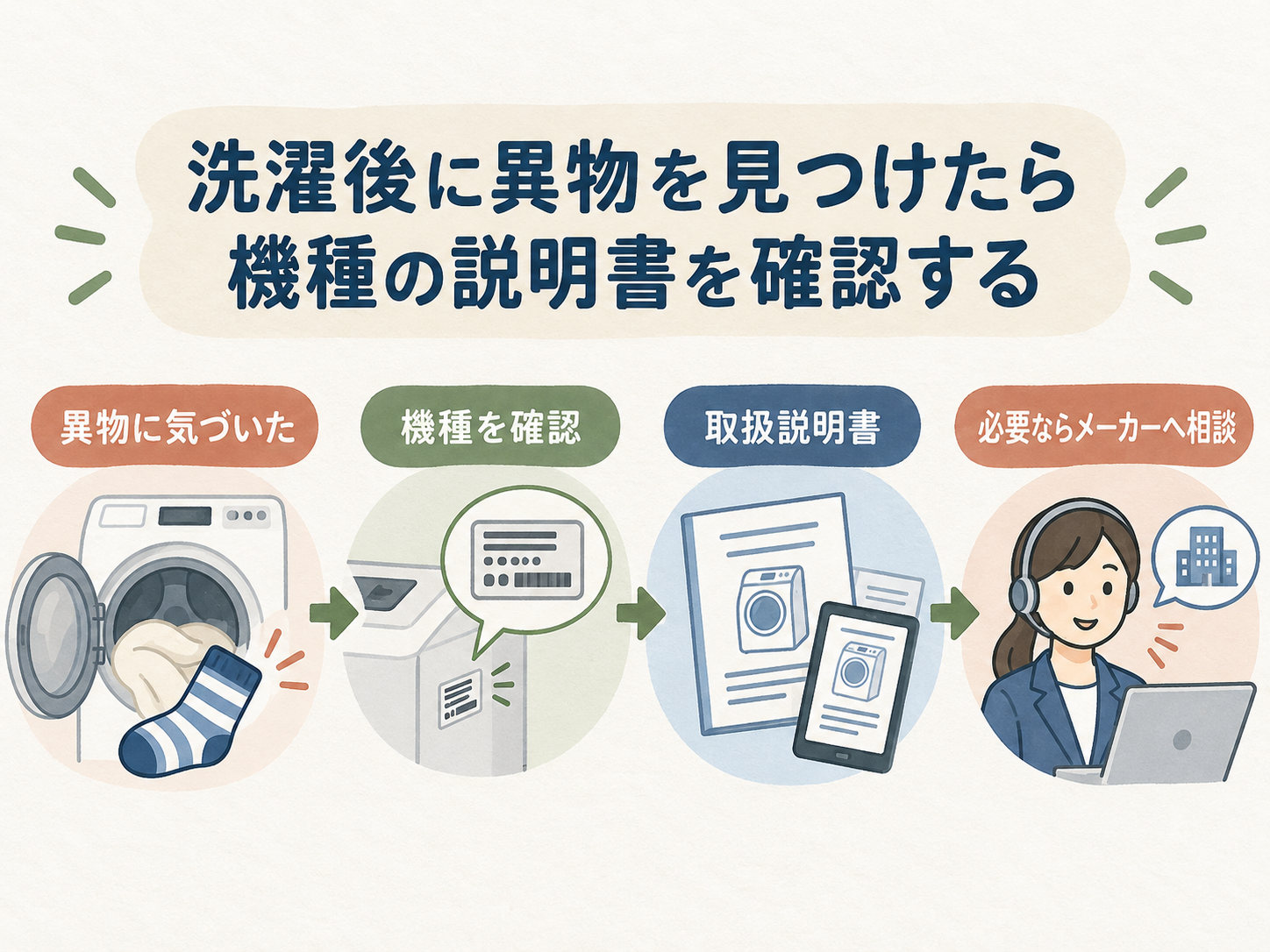 洗濯後に異物に気づいたら洗濯機の機種を確認し、取扱説明書やメーカーへ相談する流れ。
