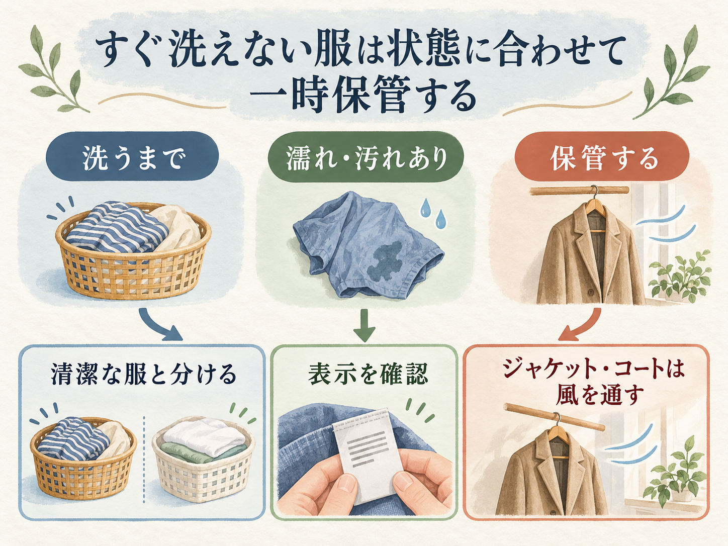 洗うまで・濡れや汚れがある・保管する場合を分け、清潔な服と分ける、表示を確認する、ジャケットやコートは風を通す手順。