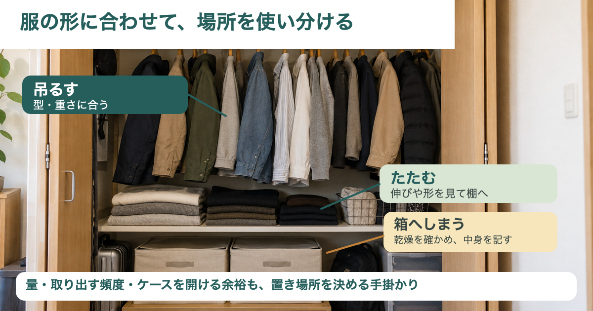 クローゼット内の吊るす・たたむ・箱へ入れる衣類の配置と、服の形・重さ、量・取り出す頻度・ケースを開ける余裕を場所選びの手掛かりとして示す図。
