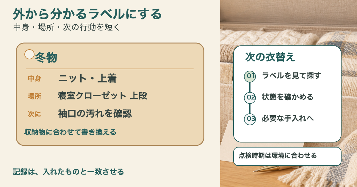 収納ラベルの一般例（冬物、ニット・上着、寝室クローゼット上段、袖口の汚れ）と、次の衣替えでラベル・状態を確認して必要な手入れへ進む流れ。