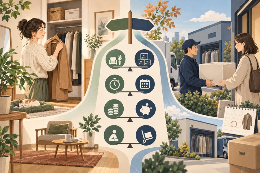 自宅のクローゼットに置く方法と外部保管サービスを、料金、期間、取り出しやすさなどで比較するイメージ。
