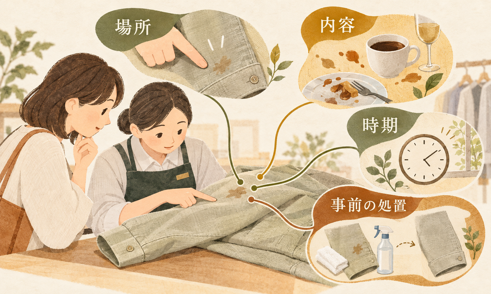 受付で共有する内容を、汚れの場所、分かる範囲の内容、気づいた時期、事前にした処置の順に整理する情報カード図。
