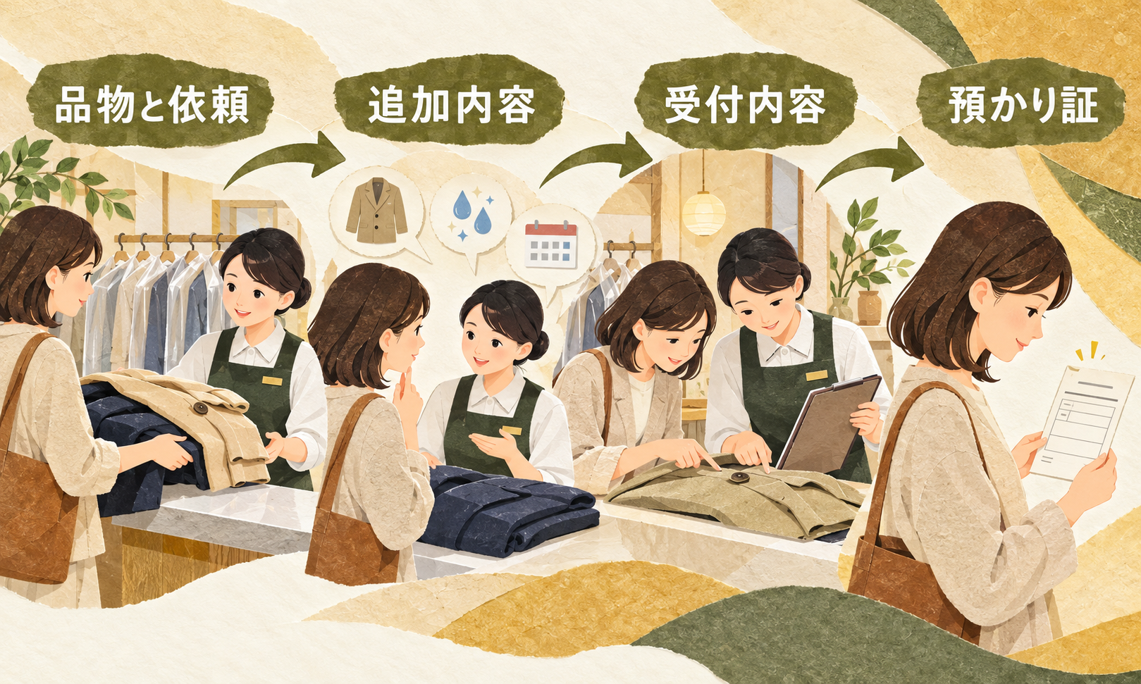 受付で品物と依頼事項を店員と確認し、預かり証の点数や受取予定を照合して持ち帰るまでの流れ。
