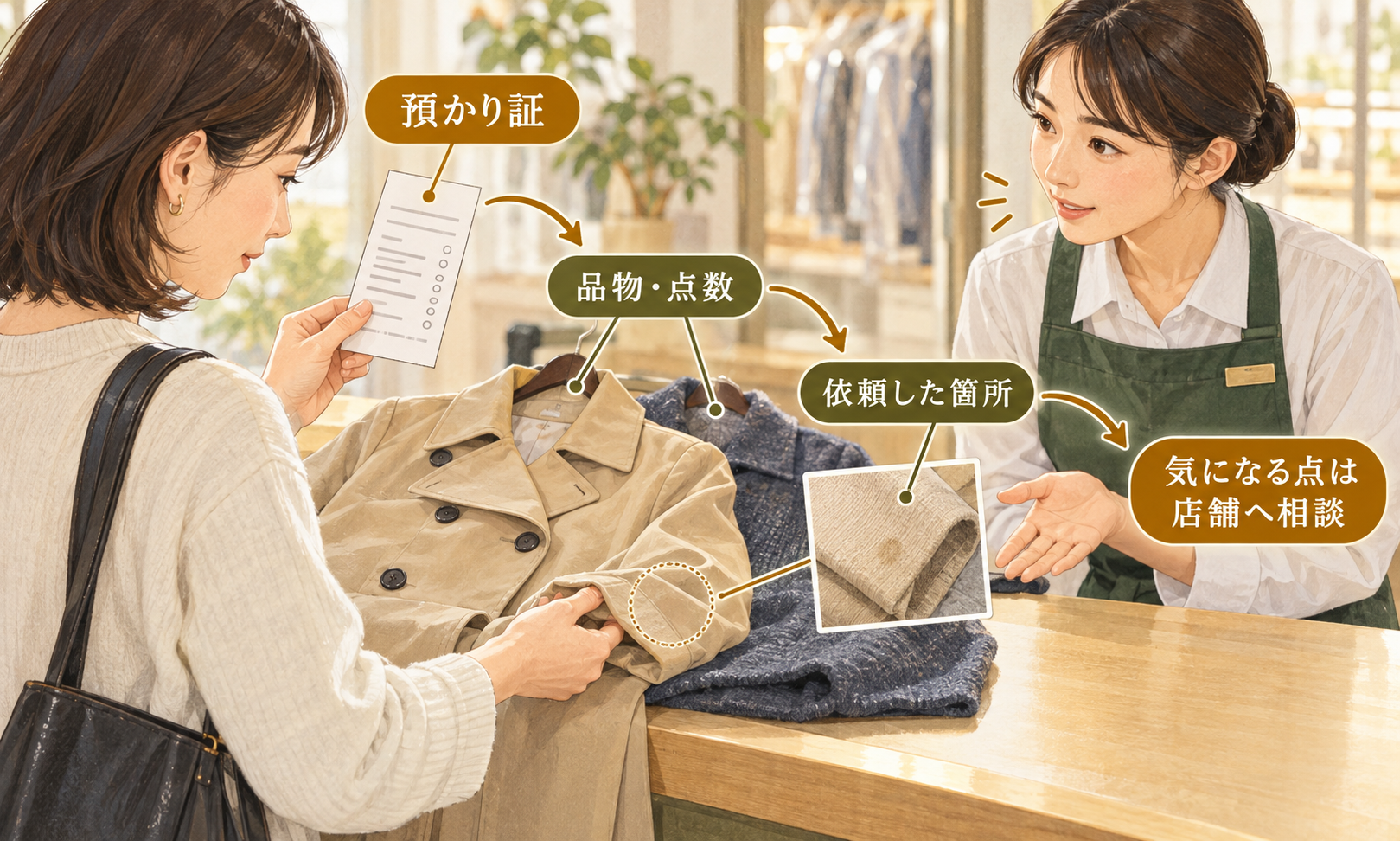 預かり証と受け取った衣類の点数・依頼箇所・仕上がりを照合し、気になる点があれば店舗へ相談する流れ。