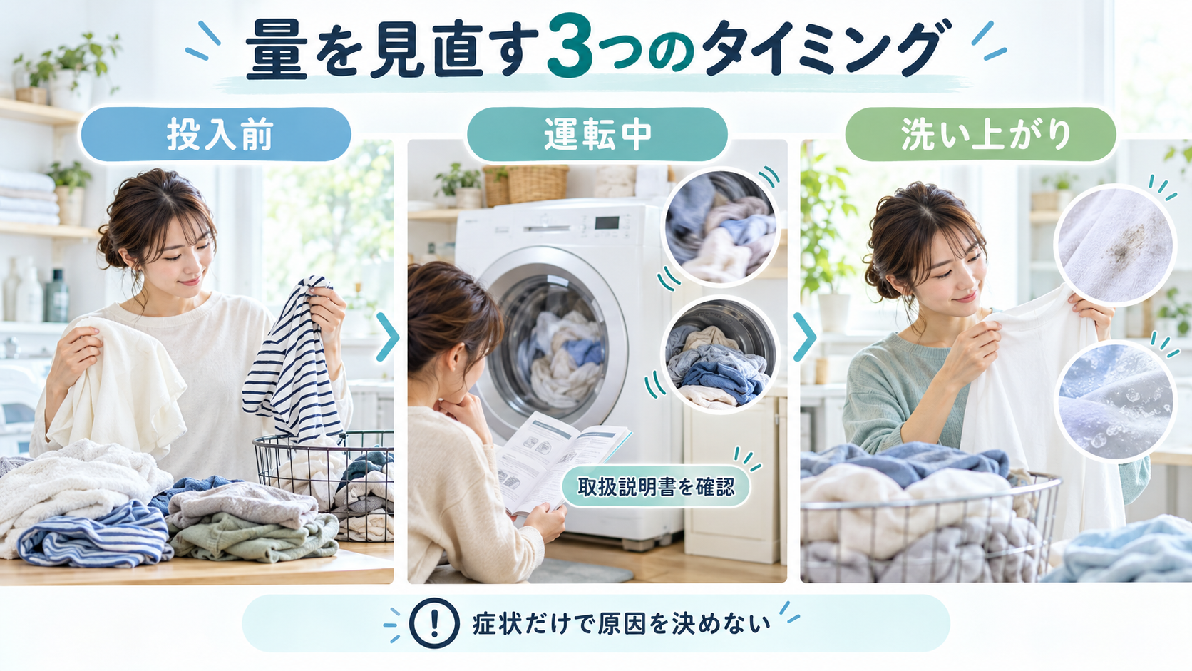 投入前・運転中・洗い上がりの3時点で量を見直す確認ポイント