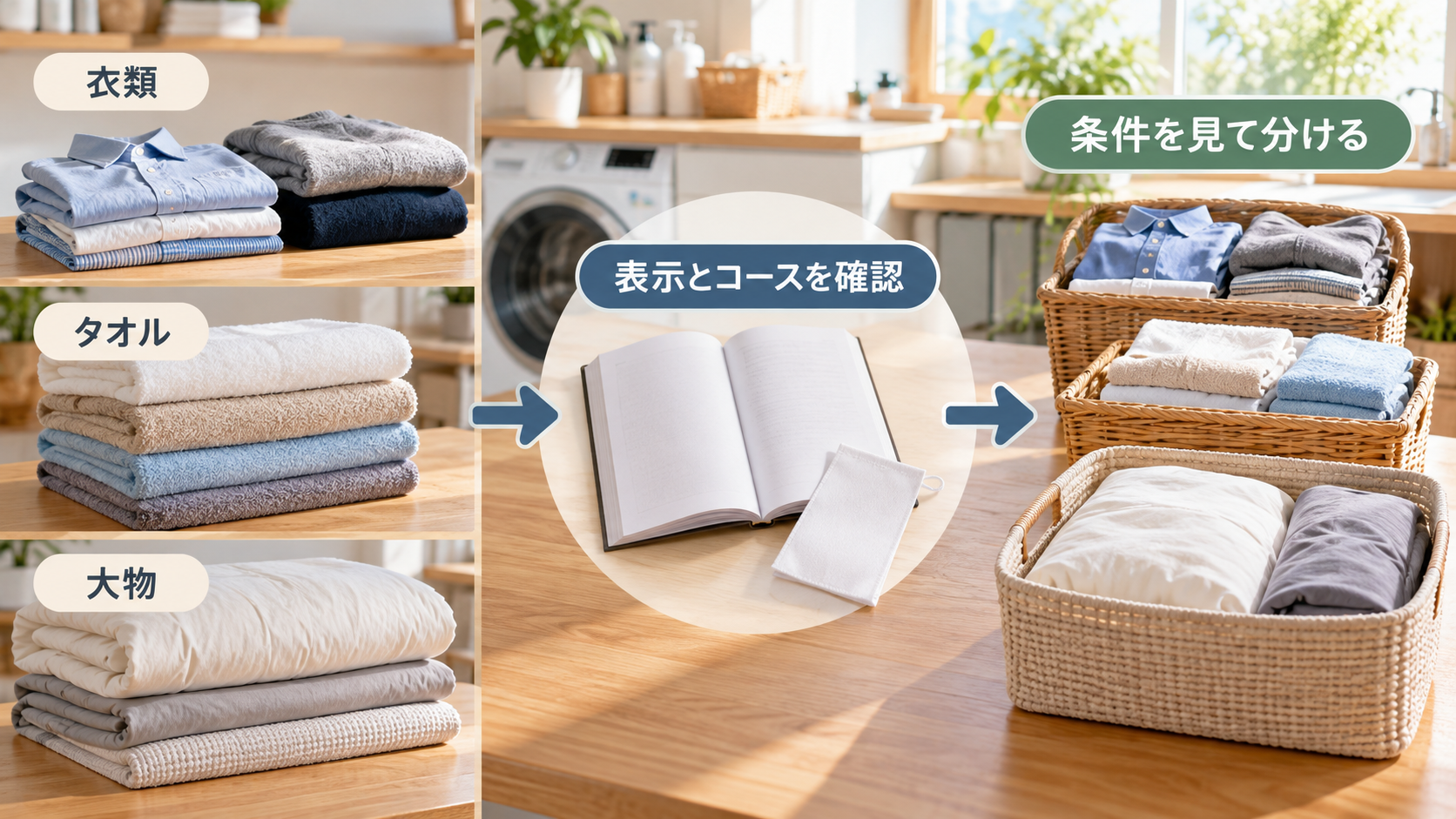 衣類・タオル・大物を表示とコースを確認して分ける流れ