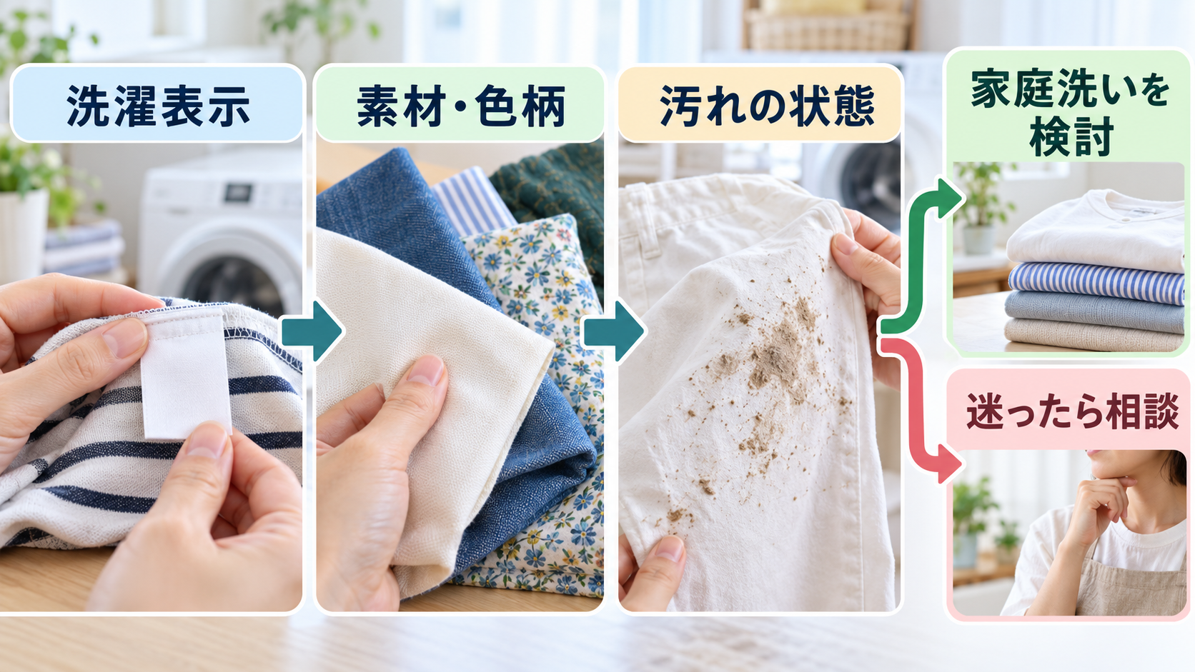 洗濯表示、素材・色柄、汚れの状態を確認して家庭洗いか相談かを選ぶ流れ