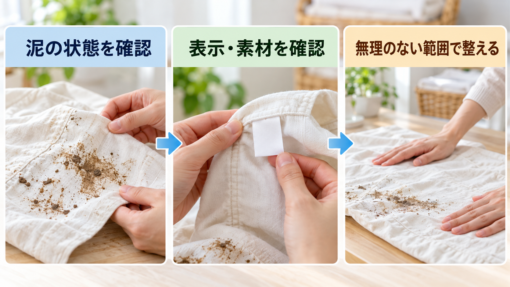 泥の状態、表示・素材を確かめて無理のない範囲で整える流れ