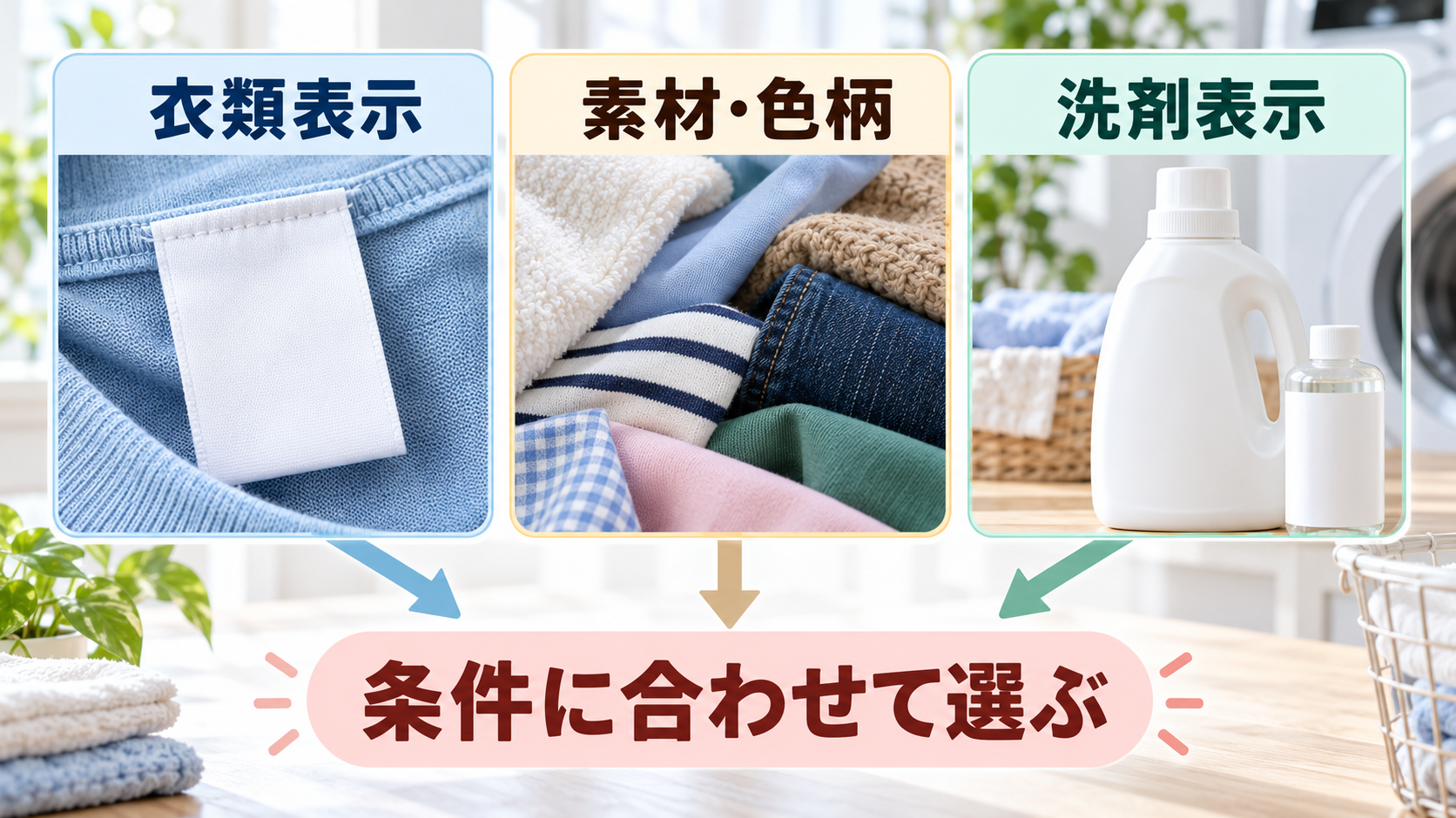 衣類表示・素材色柄・洗剤表示を確認して条件に合わせる図