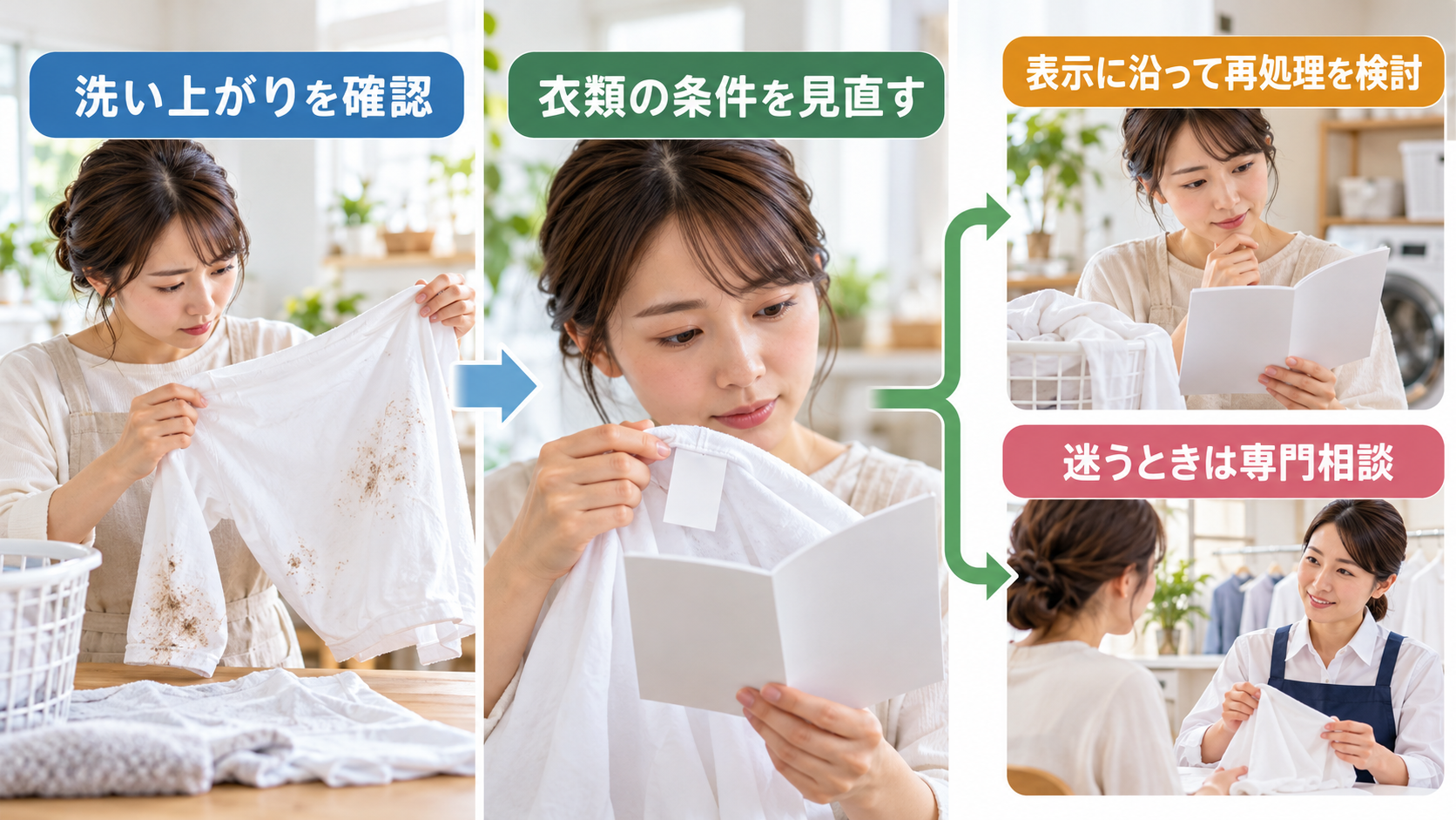 洗い上がりと衣類条件を確認し再処理か専門相談かを考える流れ