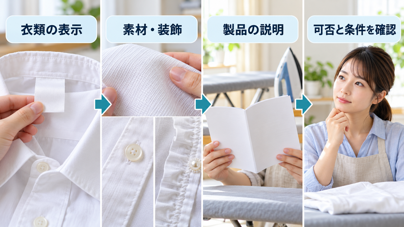 衣類表示、素材・装飾、製品説明を確認して可否と条件を考える流れ