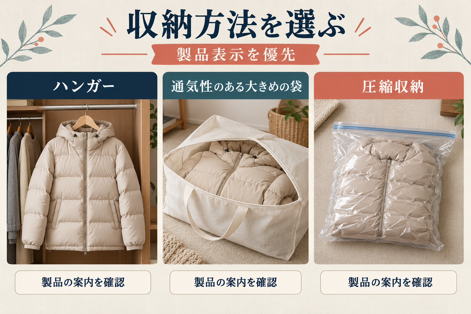 ハンガー、通気性のある袋、たたみ、圧縮で確認する条件の比較