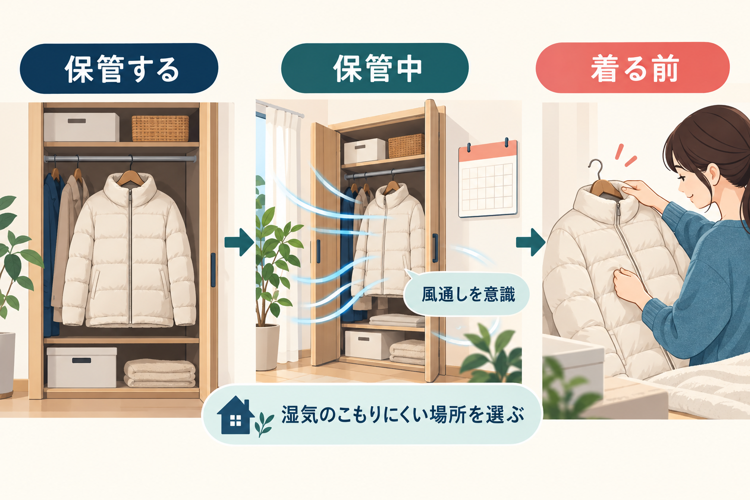 保管場所の湿気を点検し次シーズン前に状態を確認する流れ