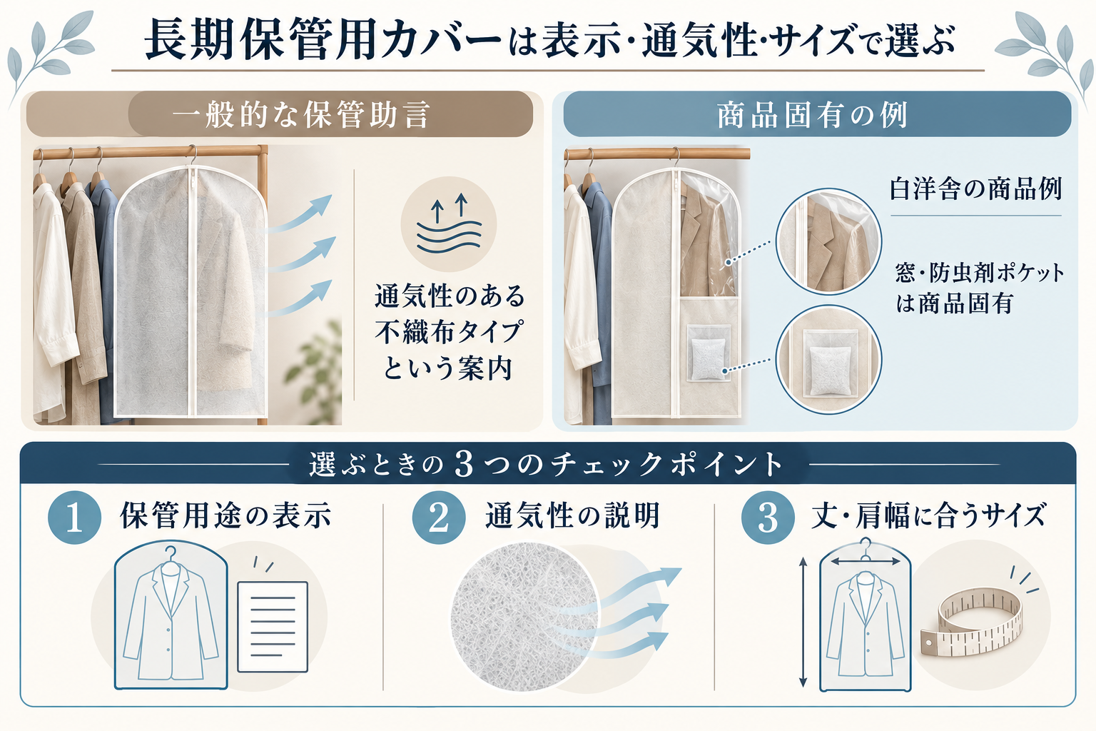 一般的な保管助言と白洋舍の商品固有例を分け、用途表示・通気性・丈や肩幅に合うサイズを確認する図。