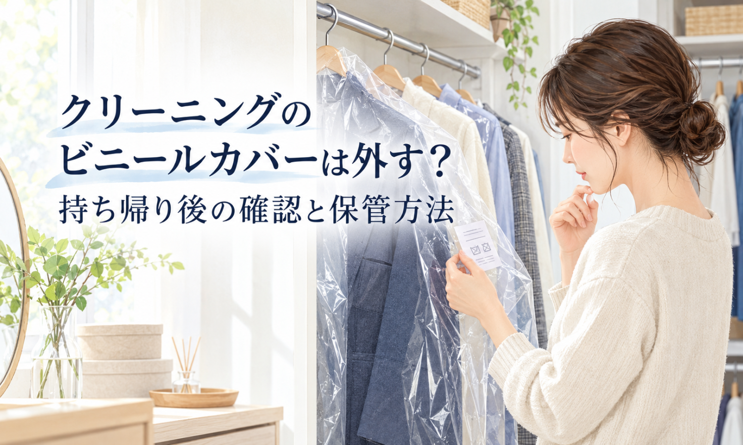 クリーニング後の衣類に掛かった透明カバーの表示を確かめ、保管方法を考える様子。扱い方を一律に決めつけない。
