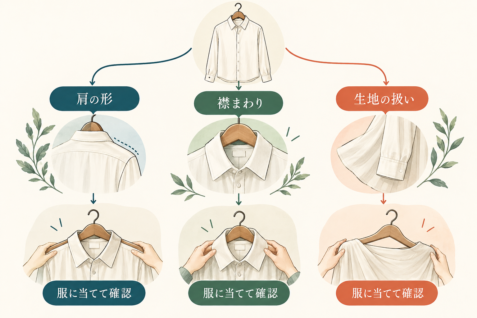 服の肩の形、襟まわり、生地の扱いから優先項目を選び、服に当てて確認する分岐図。