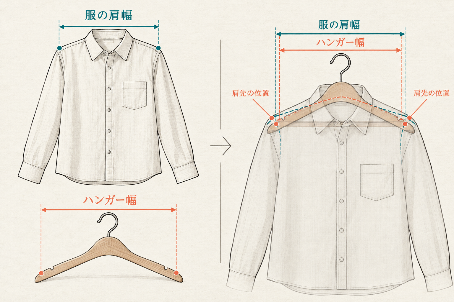 服の肩幅とハンガー幅、肩先の位置を重ねて比較する図。