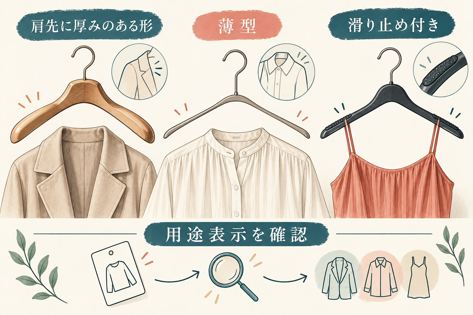 肩先に厚みのある形、薄型、滑り止め付きのハンガー形状を並べ、用途表示を確認する比較図。
