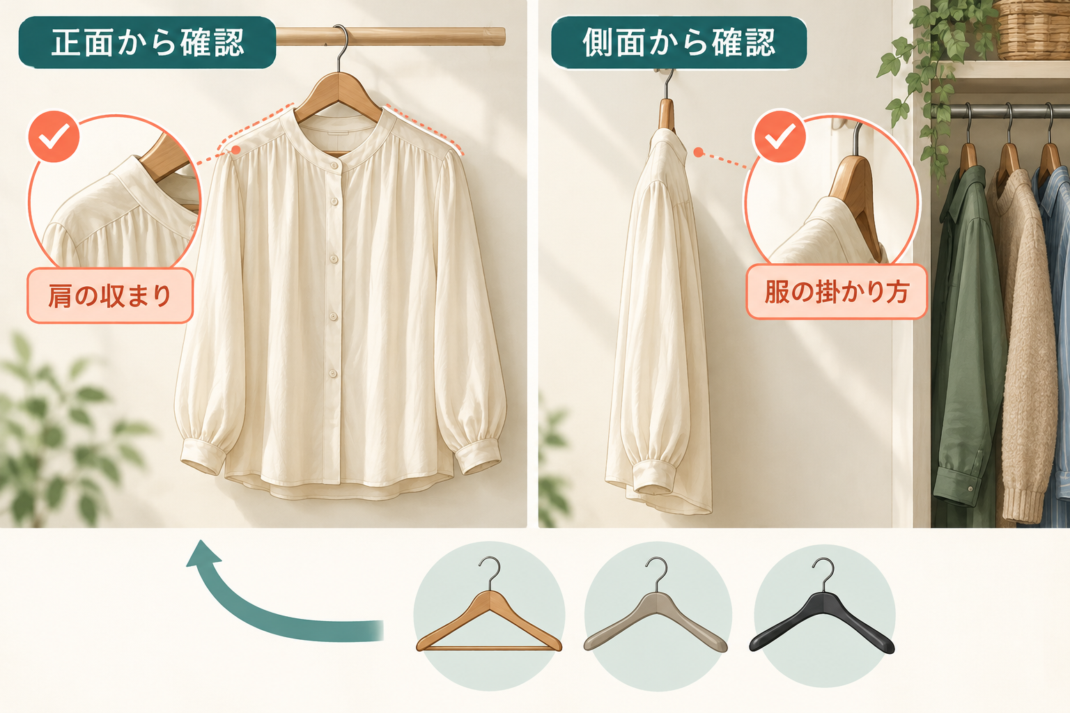 服をハンガーに掛けた状態を正面と側面から確認する図。