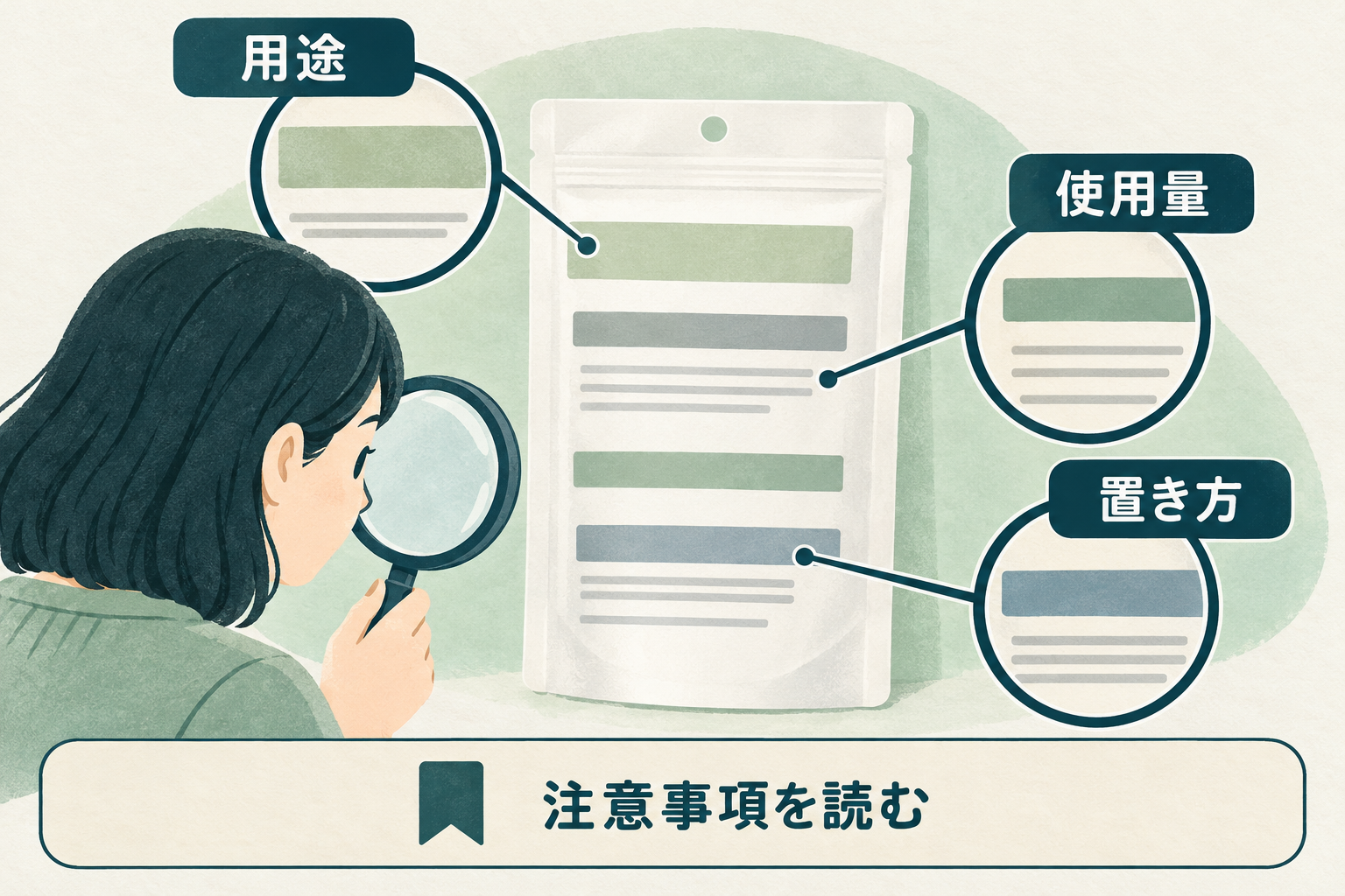 製品ラベルの用途・使用量・置き方・注意事項を読む