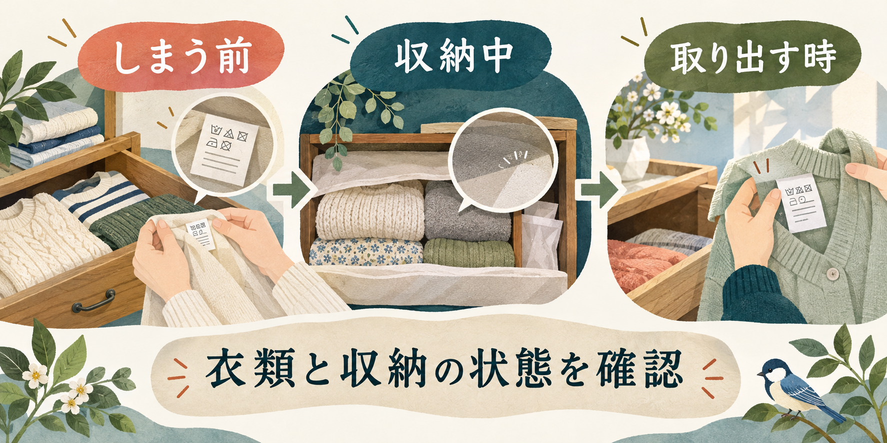 しまう前・収納中・取り出す時の確認を時間軸で図示