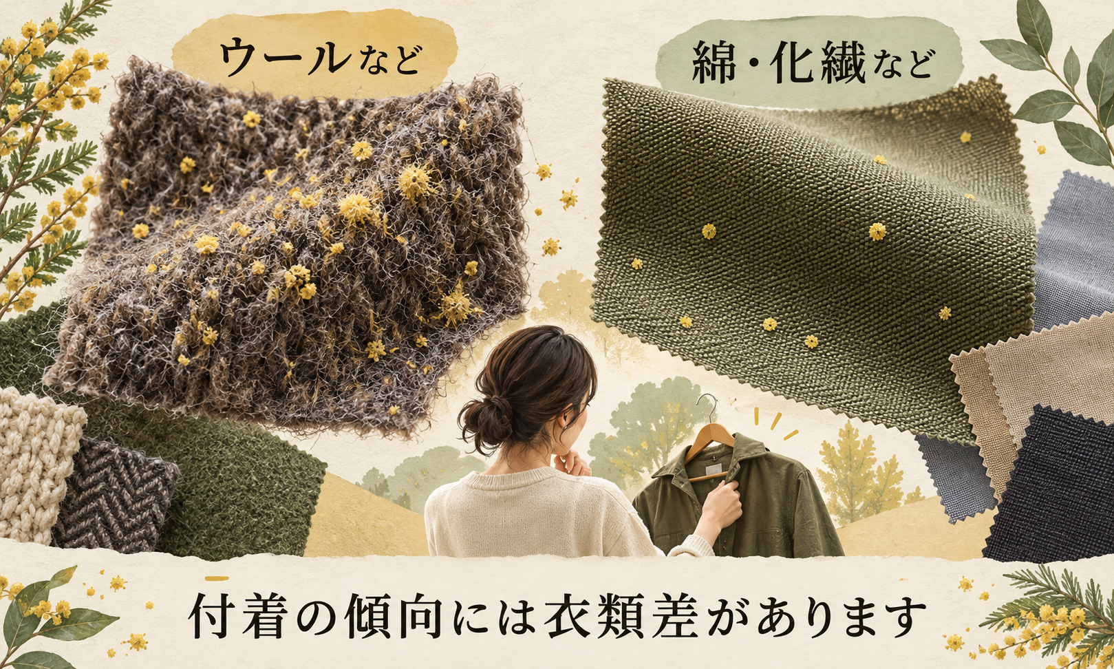 起毛や凹凸のある表面と比較的なめらかな表面を、素材の傾向や着用条件と合わせて選ぶ図。