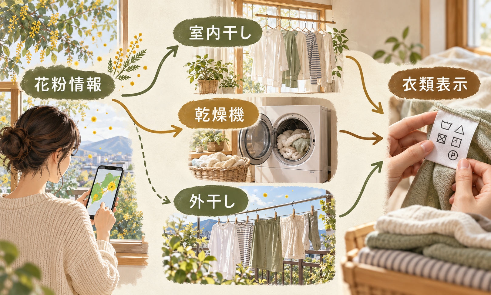 花粉情報と洗濯表示を確認し、室内干しや適合する乾燥機を優先して、外干しは地域条件を見て選ぶ判断図。