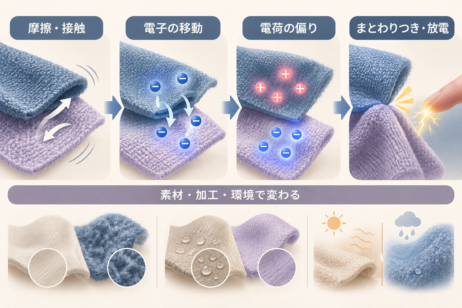 摩擦・接触、電子移動、電荷の偏り、まとわりつき・放電の流れと、素材・加工・環境による違いを示す図。