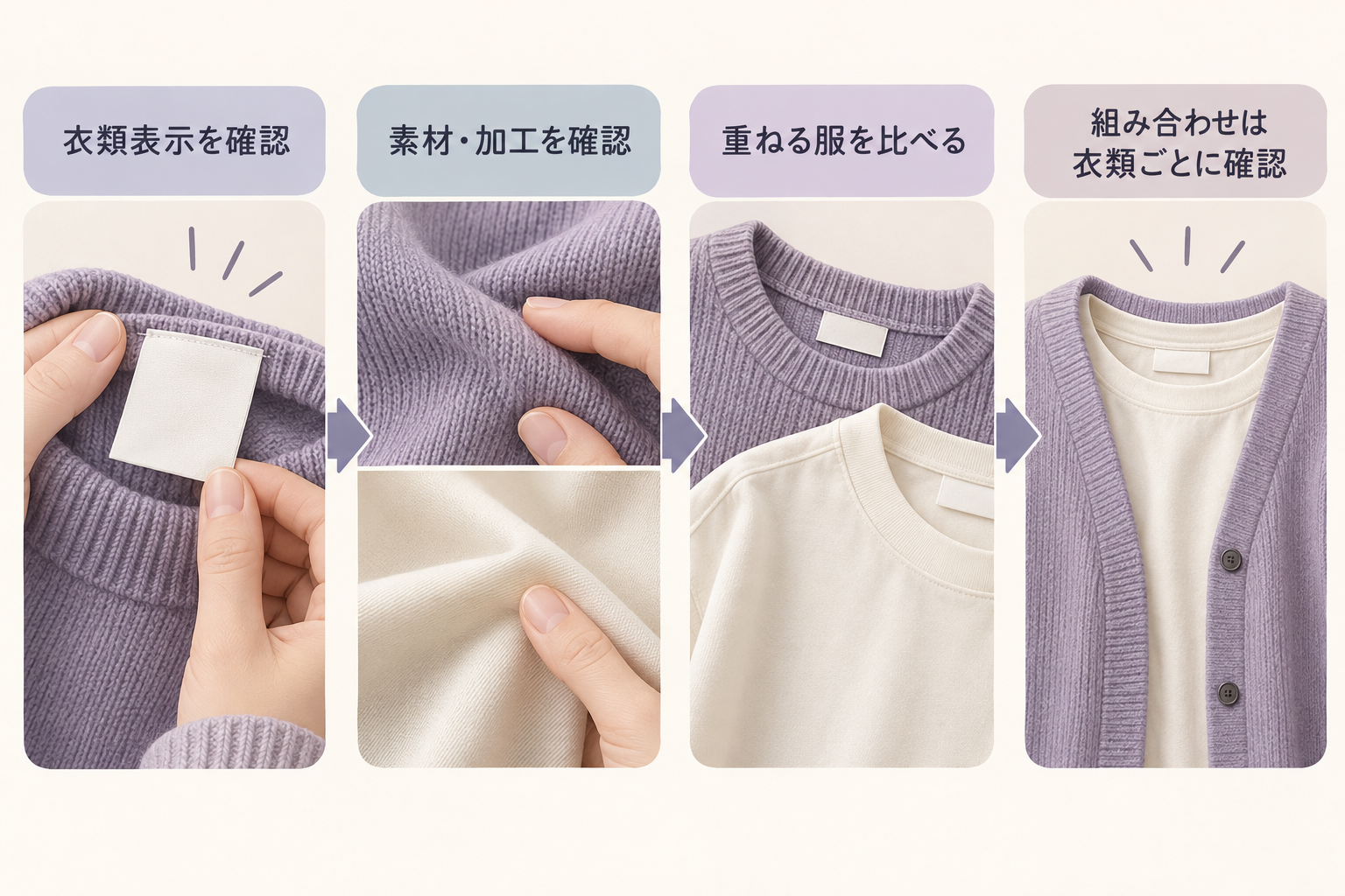 衣類表示、素材・加工、重ねる服を順に確認し、衣類ごとに組み合わせを考える図。衣類タグは無地。