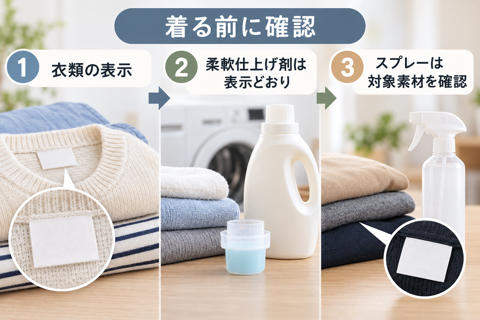 着る前に衣類表示、柔軟仕上げ剤の表示、スプレー対象素材を確認する流れ。噴霧場面はない。