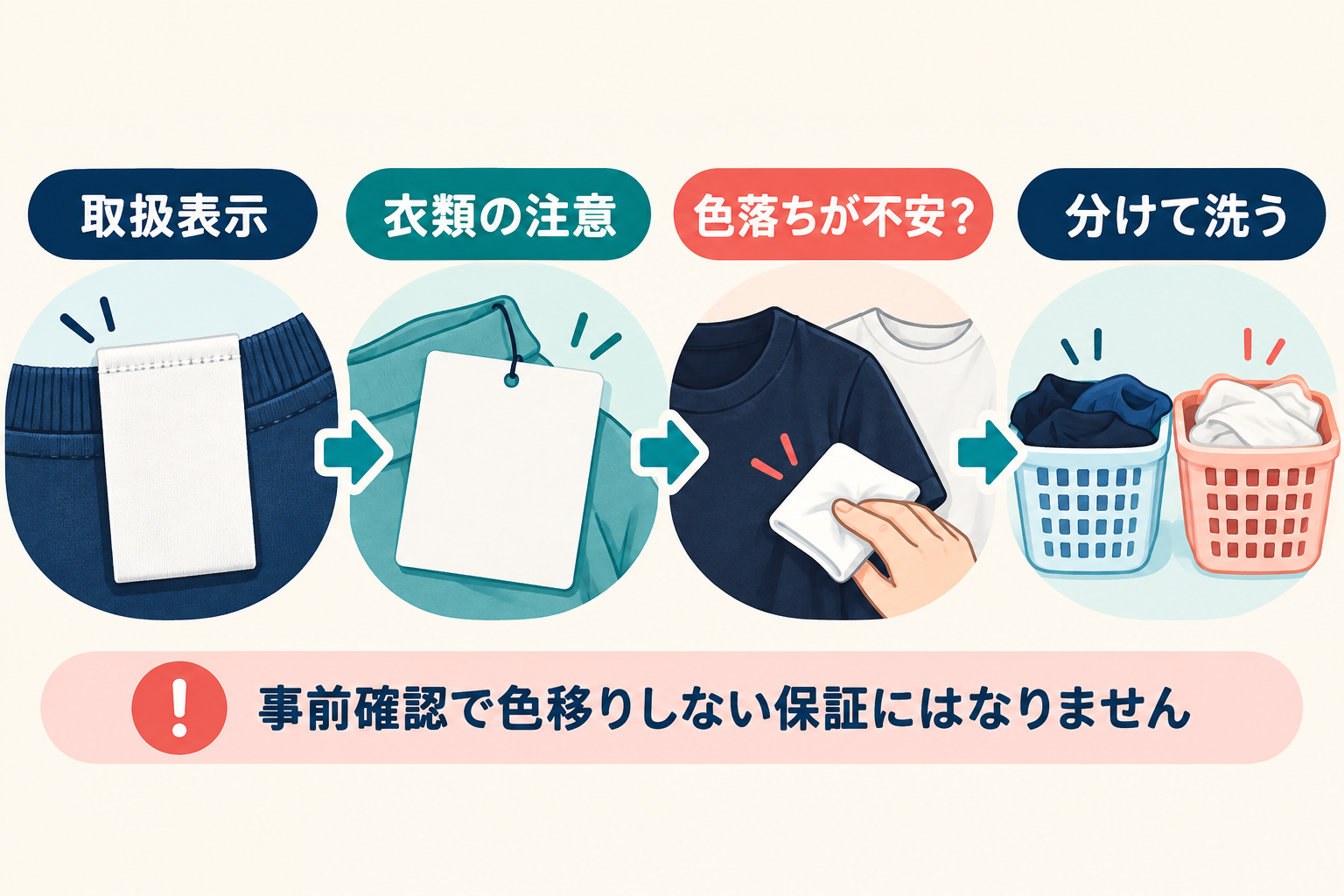 衣類表示、色落ち確認、不安がある場合の仕分けを順に示す図