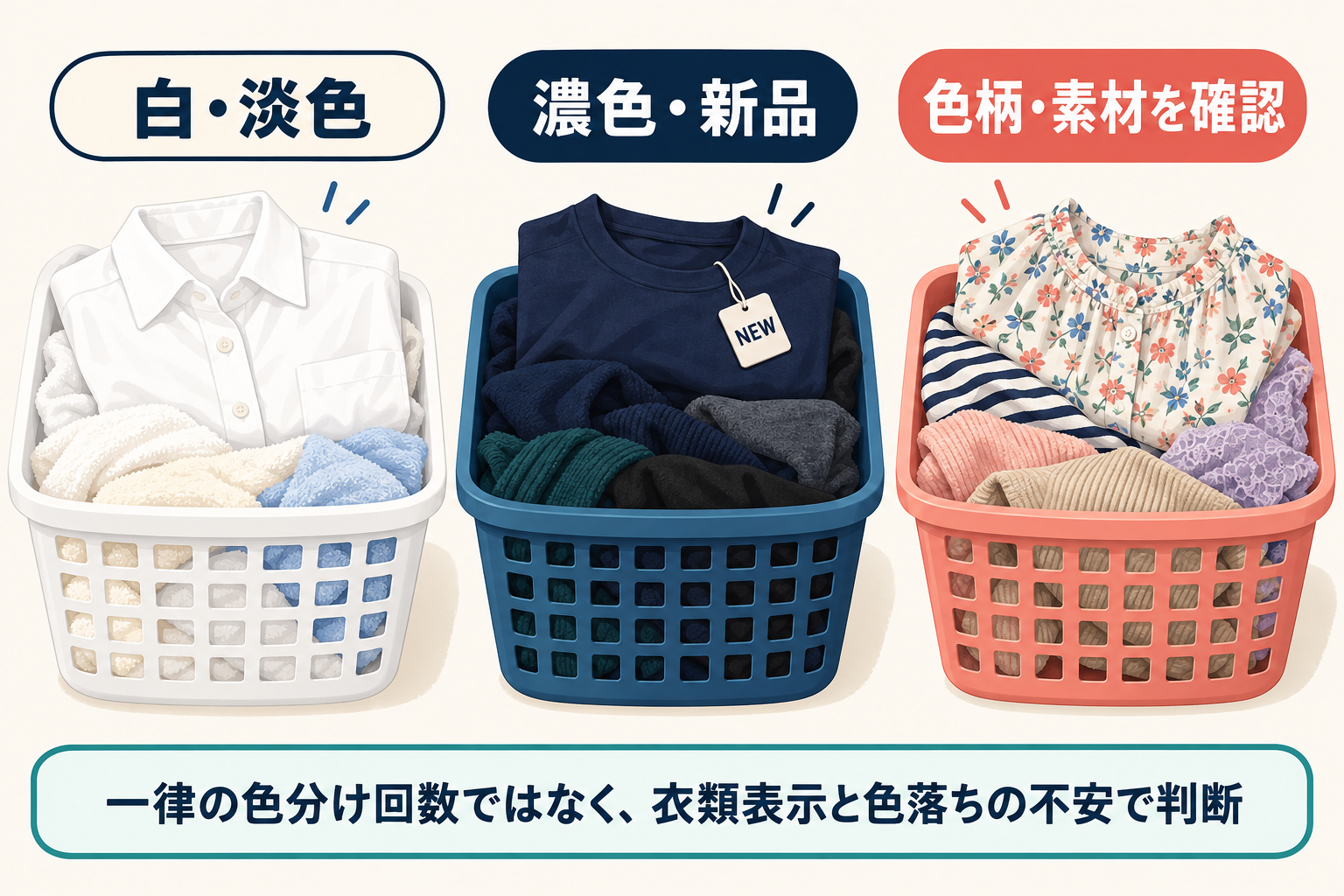 洗濯物を表示や色落ちの不安に応じて仕分ける例
