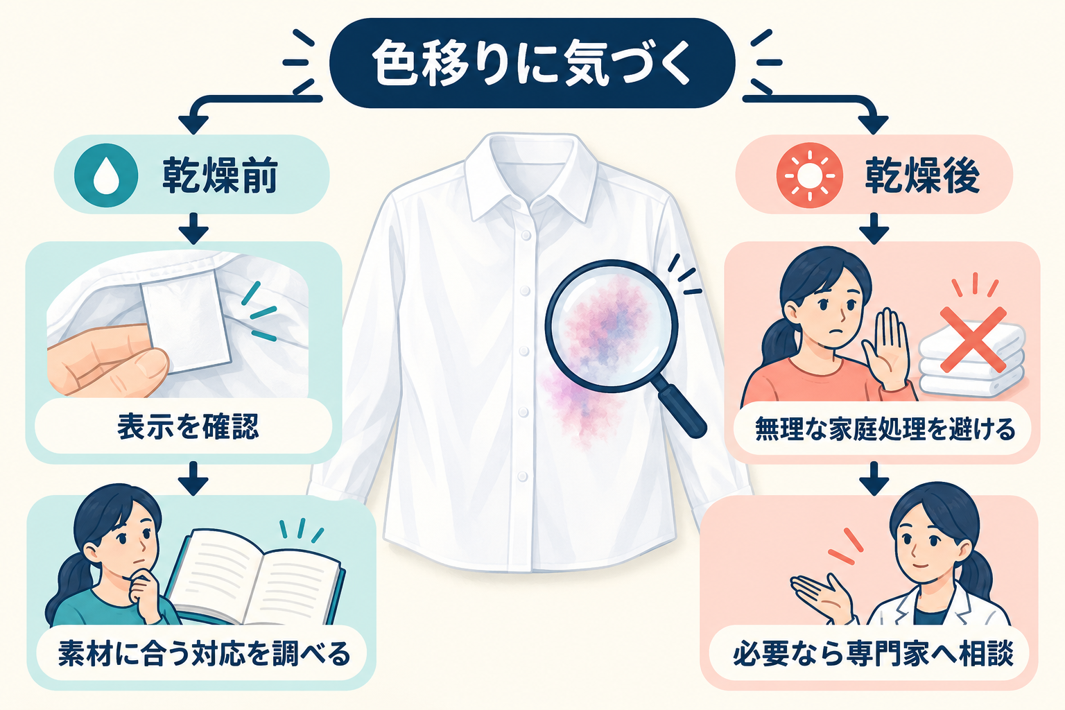 色移り発見後に乾燥前後と表示確認で分ける対応フロー