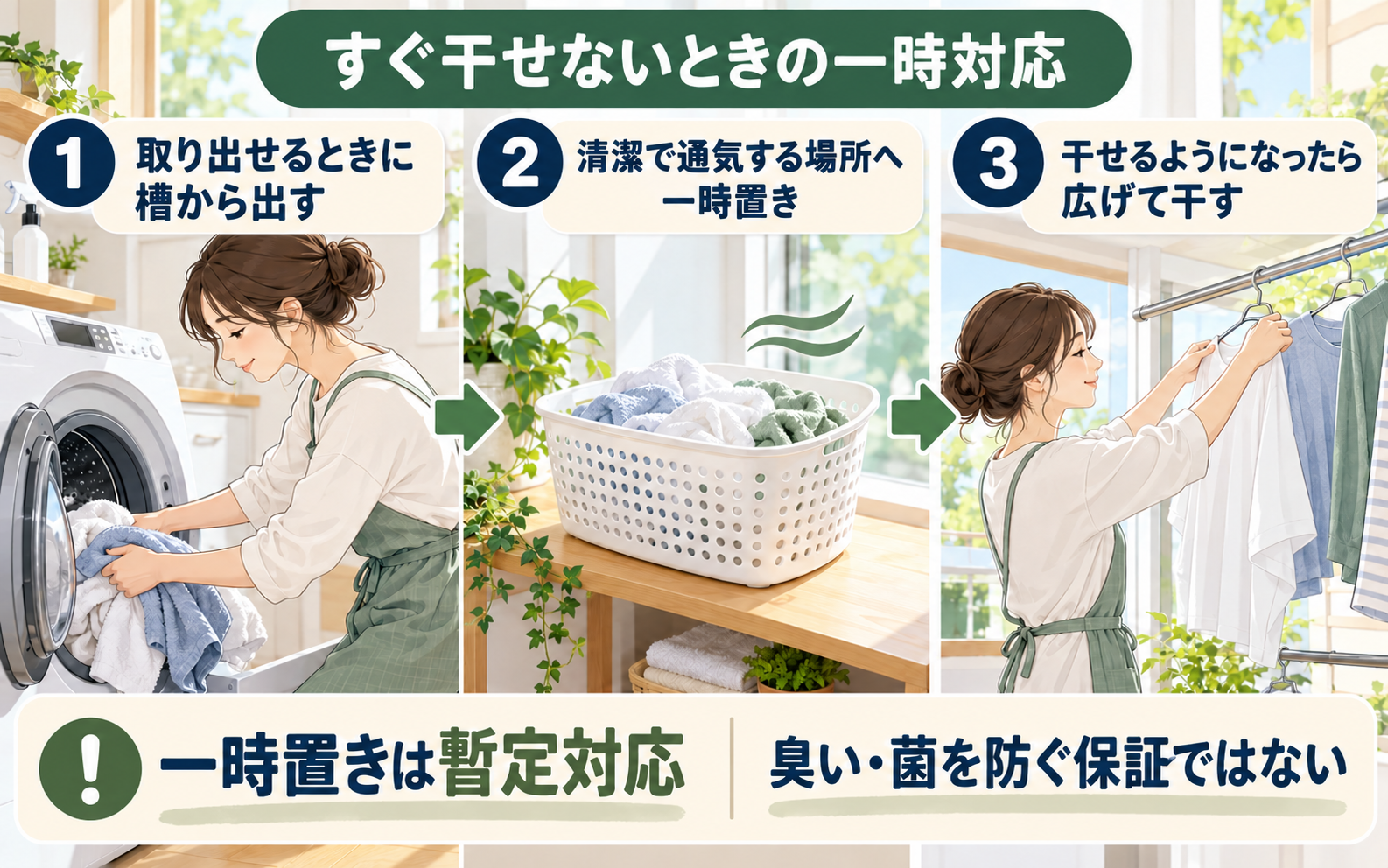 すぐ干せない場合に洗濯物を槽から取り出し、清潔な場所で重ねを減らして待機させる一時対応