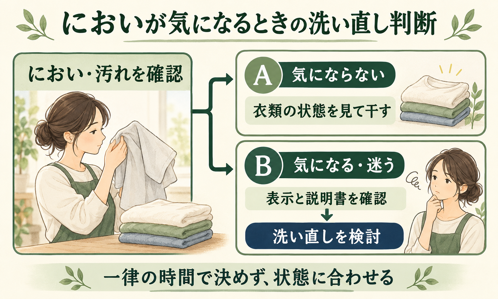 放置した分数だけで決めず、臭い・汚れ・衣類表示を確認して洗い直しを検討する判断図