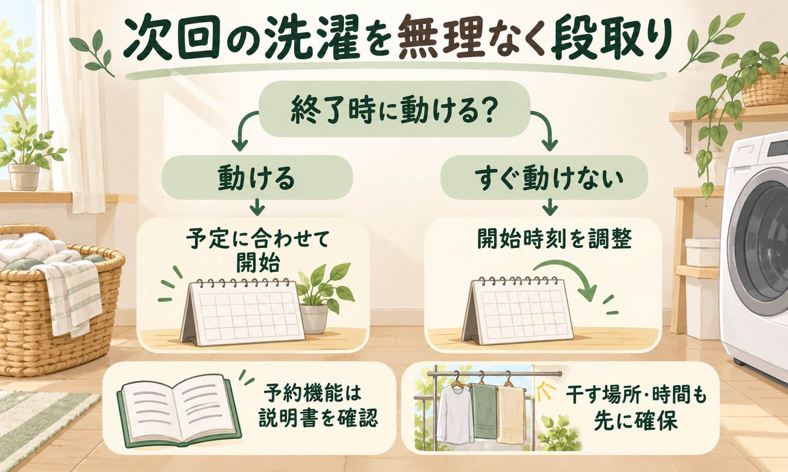次回の洗濯を始める前に終了後の予定を確認し、開始時刻や干す場所・時間を先に確保する段取り図